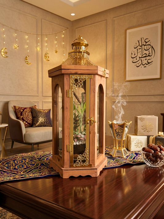 Noor Al Qamar Majlis Edition lantern terrarium 50cm handcrafted Ramadan living gift in Dubai with moss, fittonia and driftwood