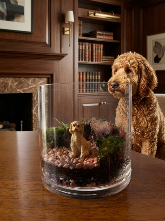 Paws & Moss custom pet tabletop terrarium with dog figurine by Lilli Plants Dubai