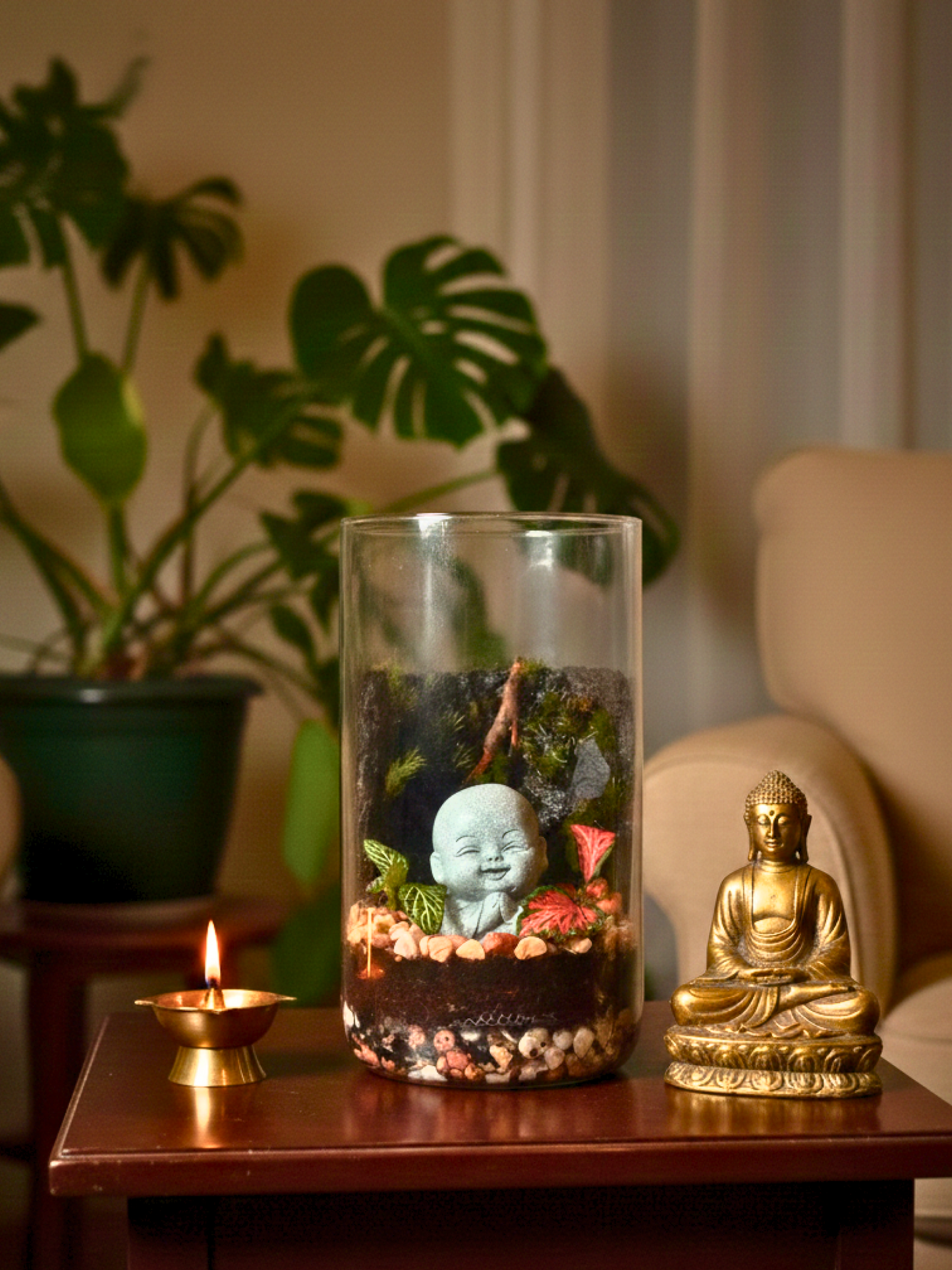 Small laughing Buddha moss terrarium with fittonia plants UAE