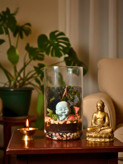 Small laughing Buddha moss terrarium with fittonia plants UAE
