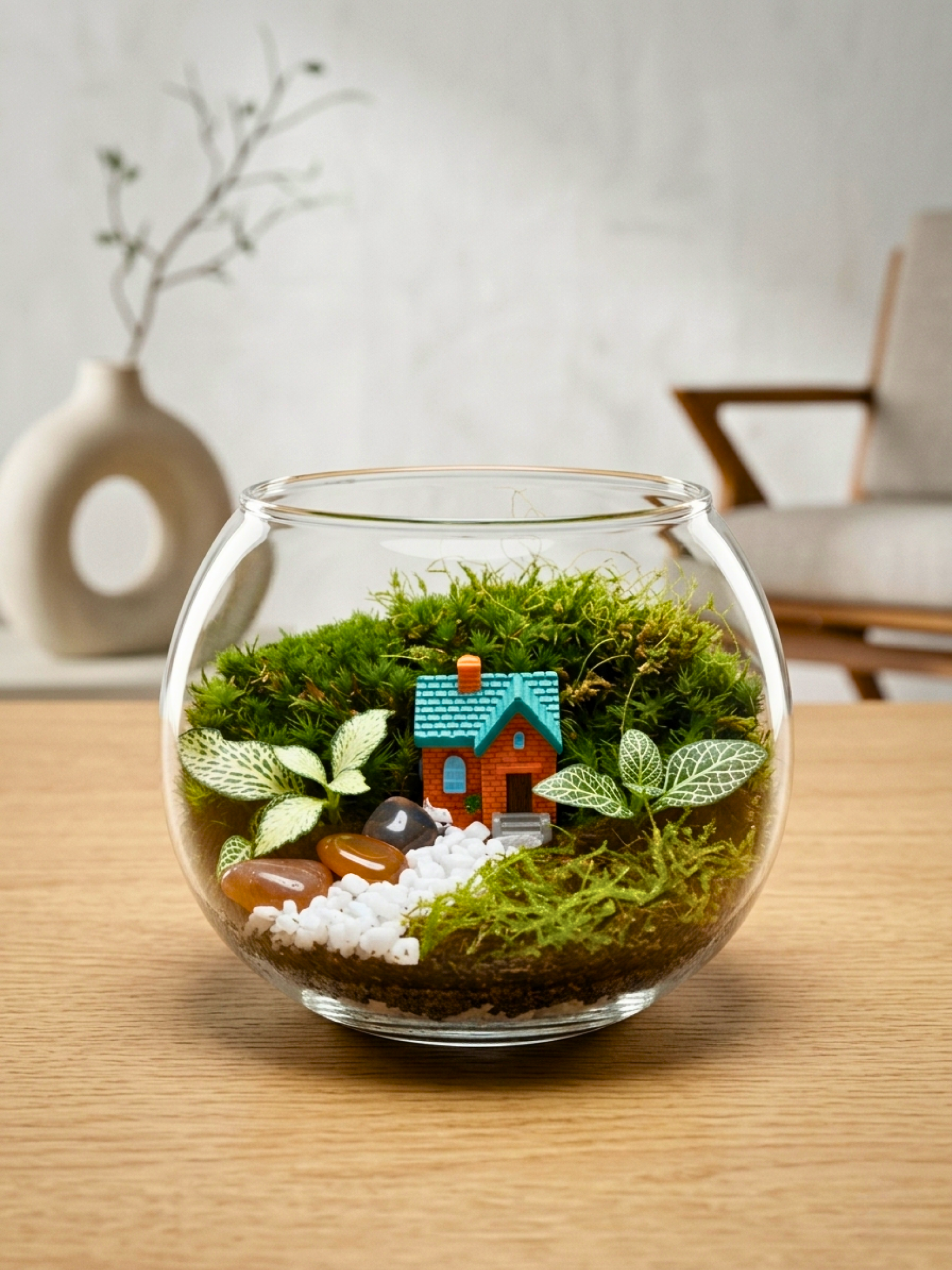 Classic bowl terrarium by Lilli Plants with tiny house, decorative pebbles and lush green moss garden