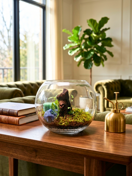 Fortune Grove Classic Plus Bowl Terrarium by Lilli Plants Dubai handcrafted glass terrarium with driftwood moss and live plants