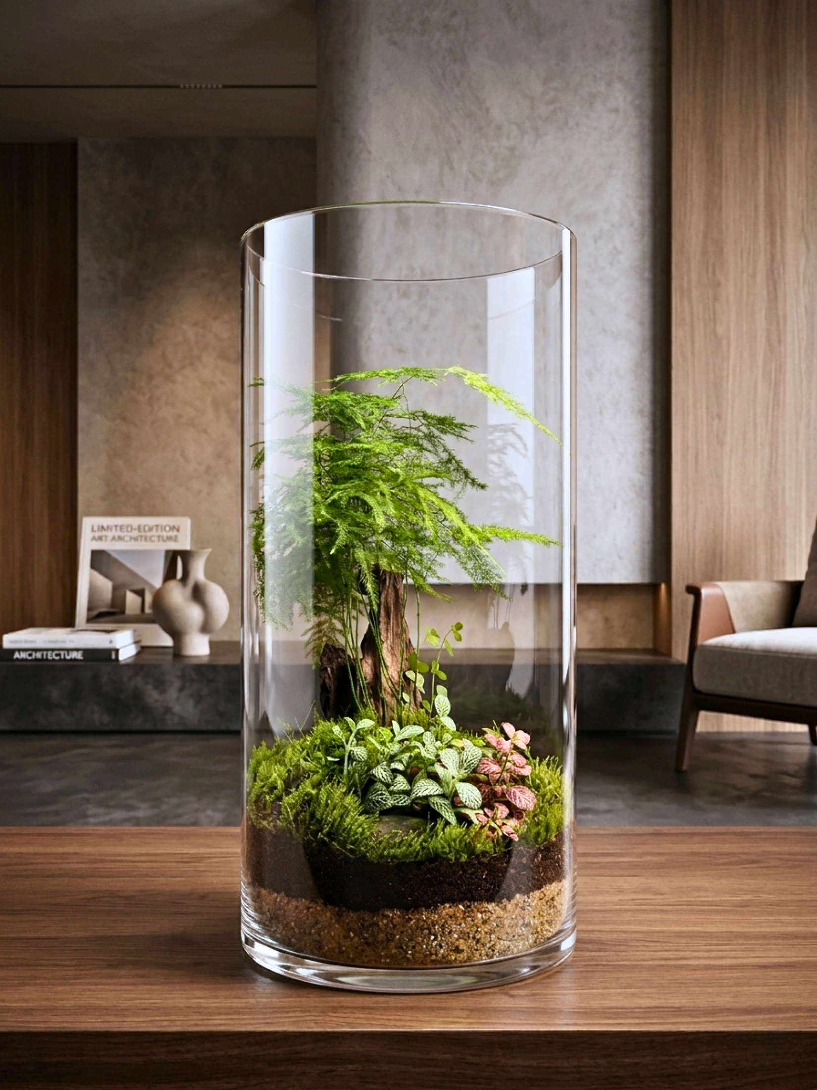 Elegant bioactive terrarium landscape with cushion moss, lava rocks, and natural driftwood centerpiece.