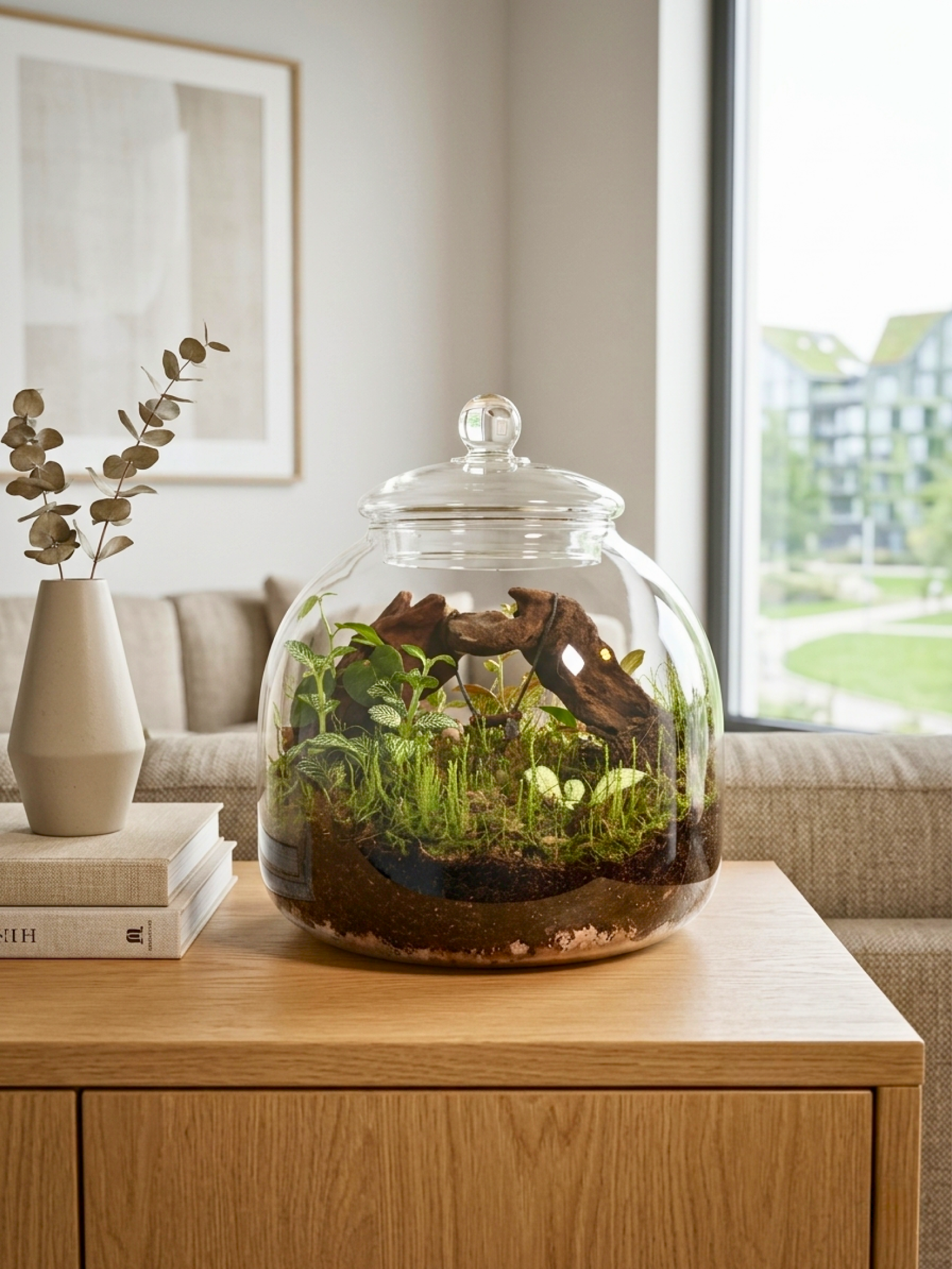 Elegant glass terrarium display featuring miniature meadow landscape with Fittonia plants and natural wood artistic structure