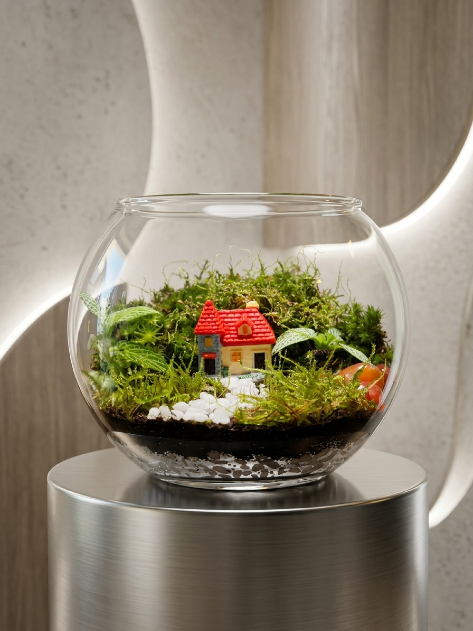 Classic bowl terrarium by Lilli Plants with tiny cottage and lush greenery for gifting in UAE