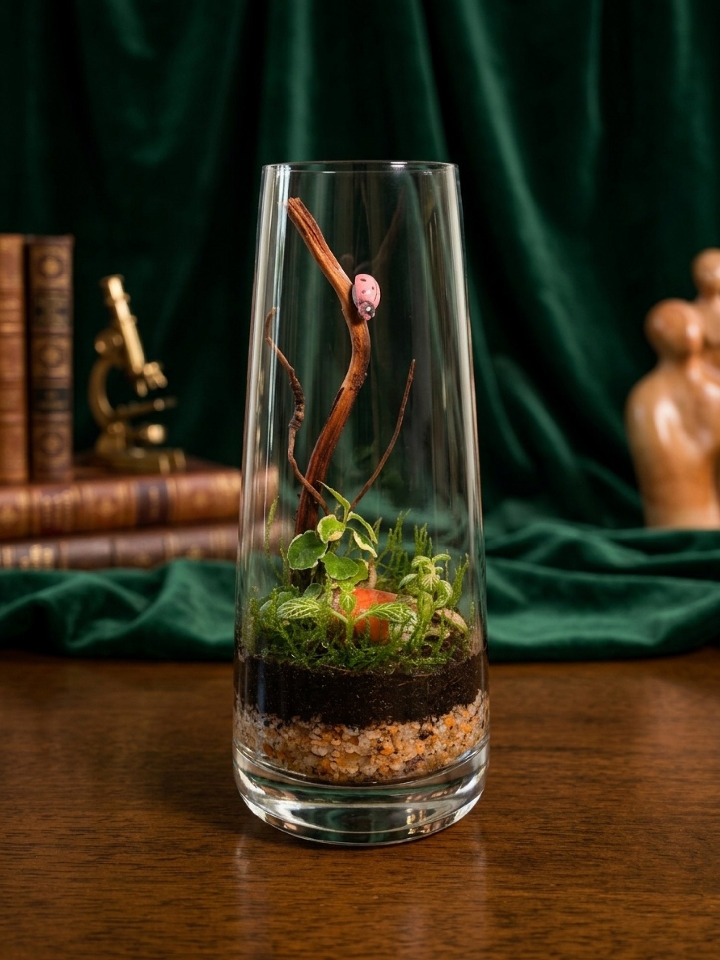 Handcrafted luxury mini terrarium in tall glass vessel with ember stones and spider wood décor