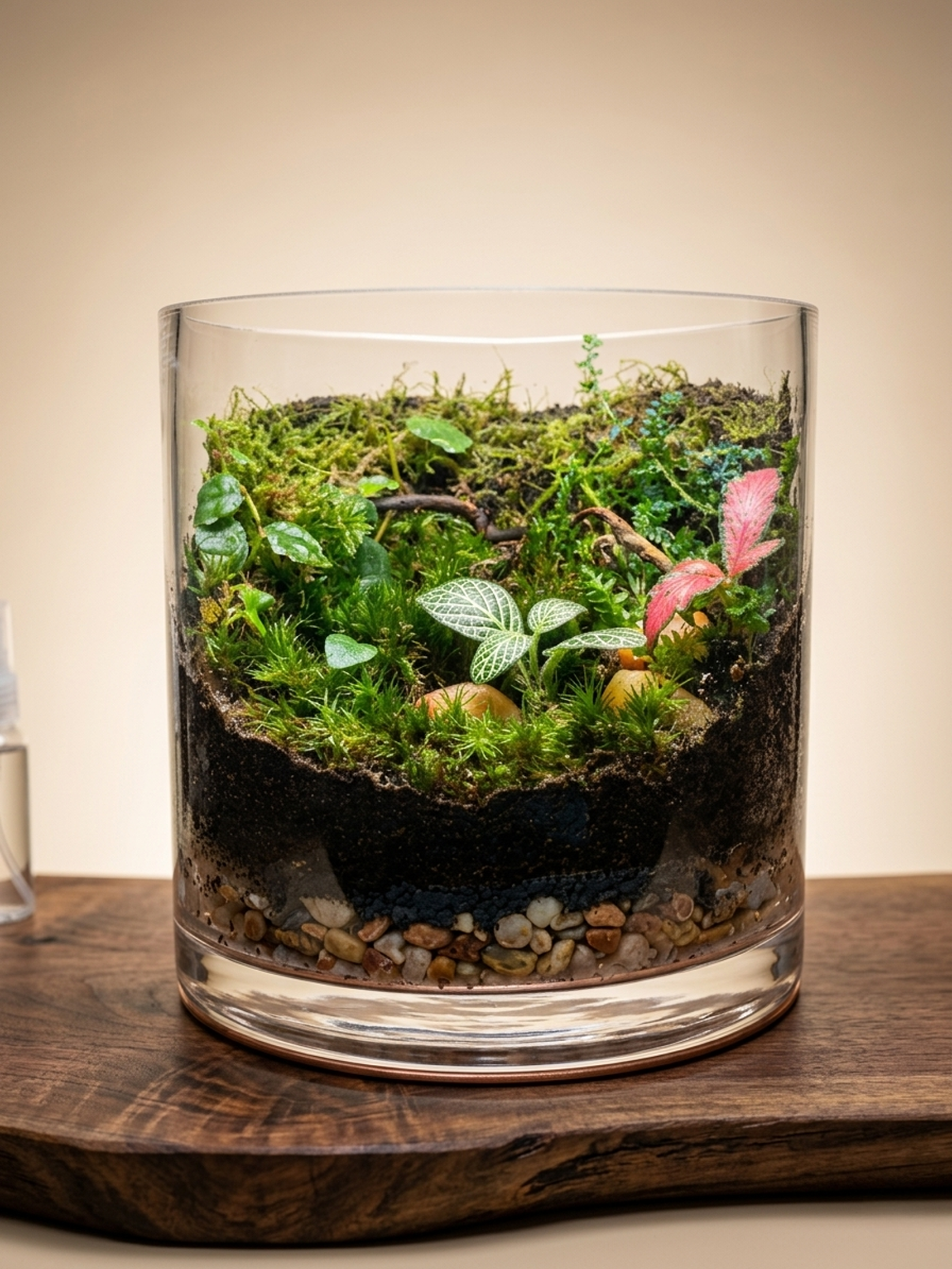 Premium moss glass terrarium with Fittonia and Ficus pumila miniature garden by Lilli Plants Dubai