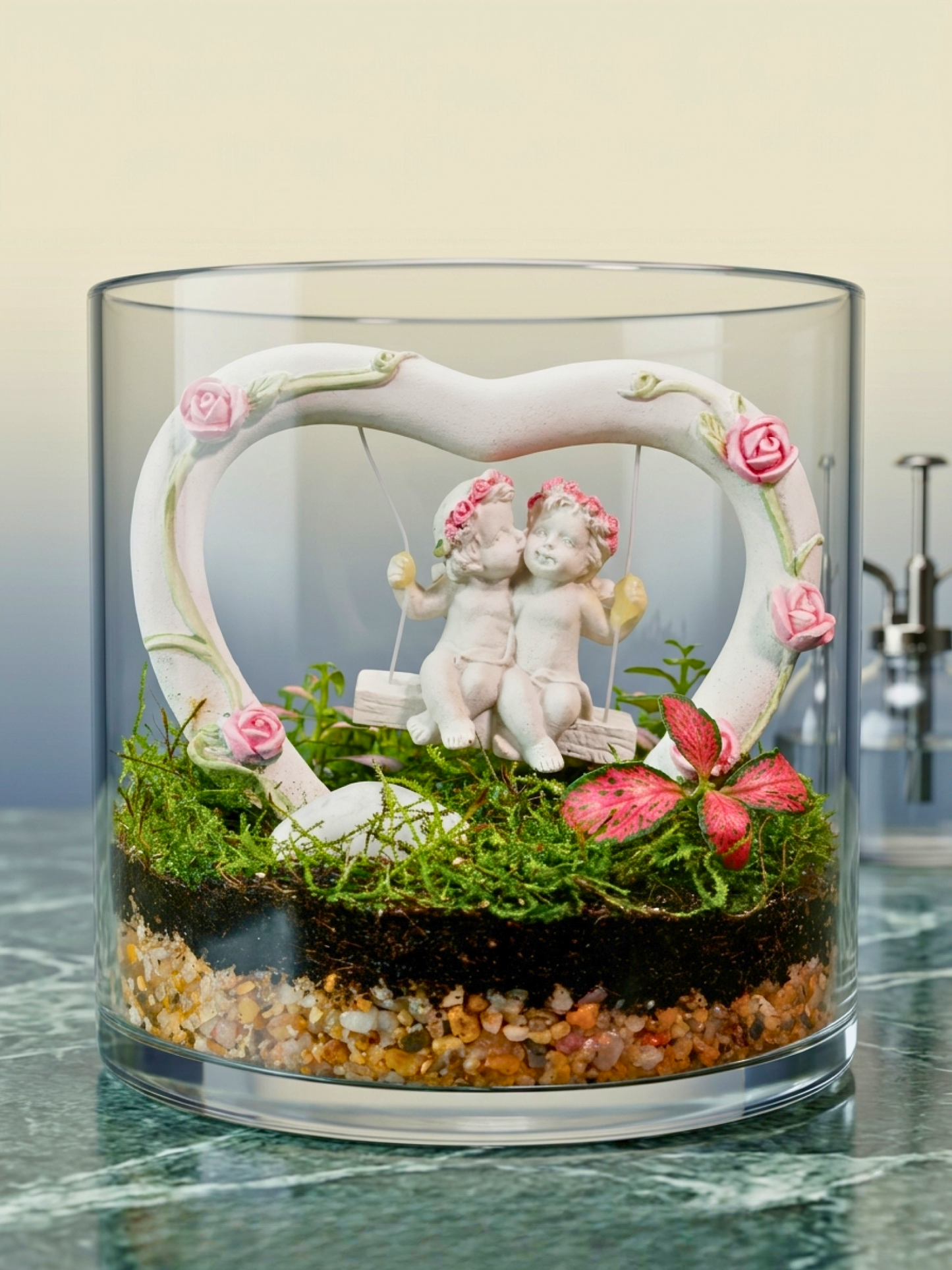 Side view of Love Nest Mini Cylinder Terrarium showcasing Fittonia Red, flat moss, and heart-shaped swing figurine – best terrarium Dubai