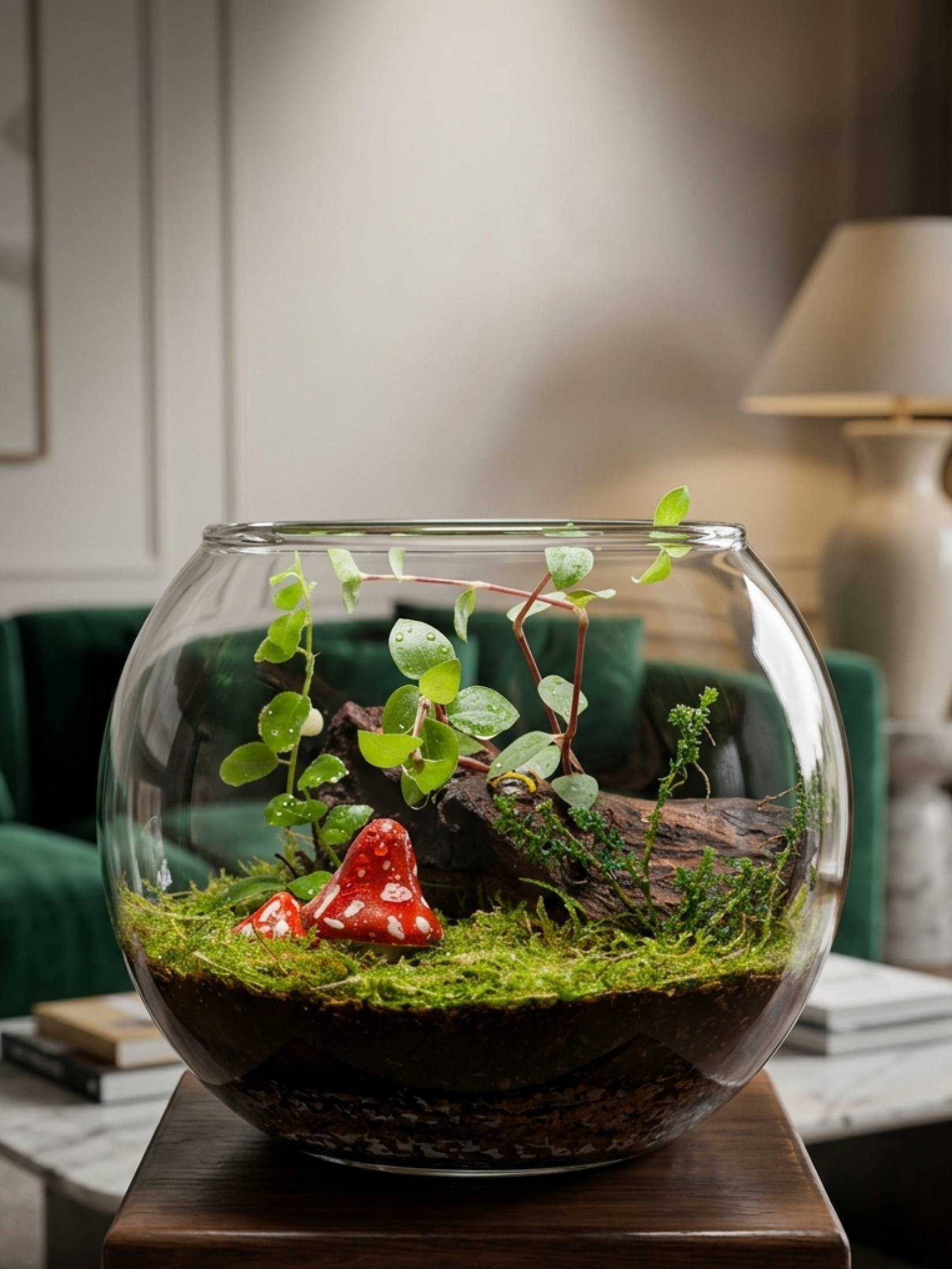 Micro close-up of imported Selaginella and variegated Ficus pumila growing on premium flat moss inside a handcrafted 12cm glass terrarium bowl.