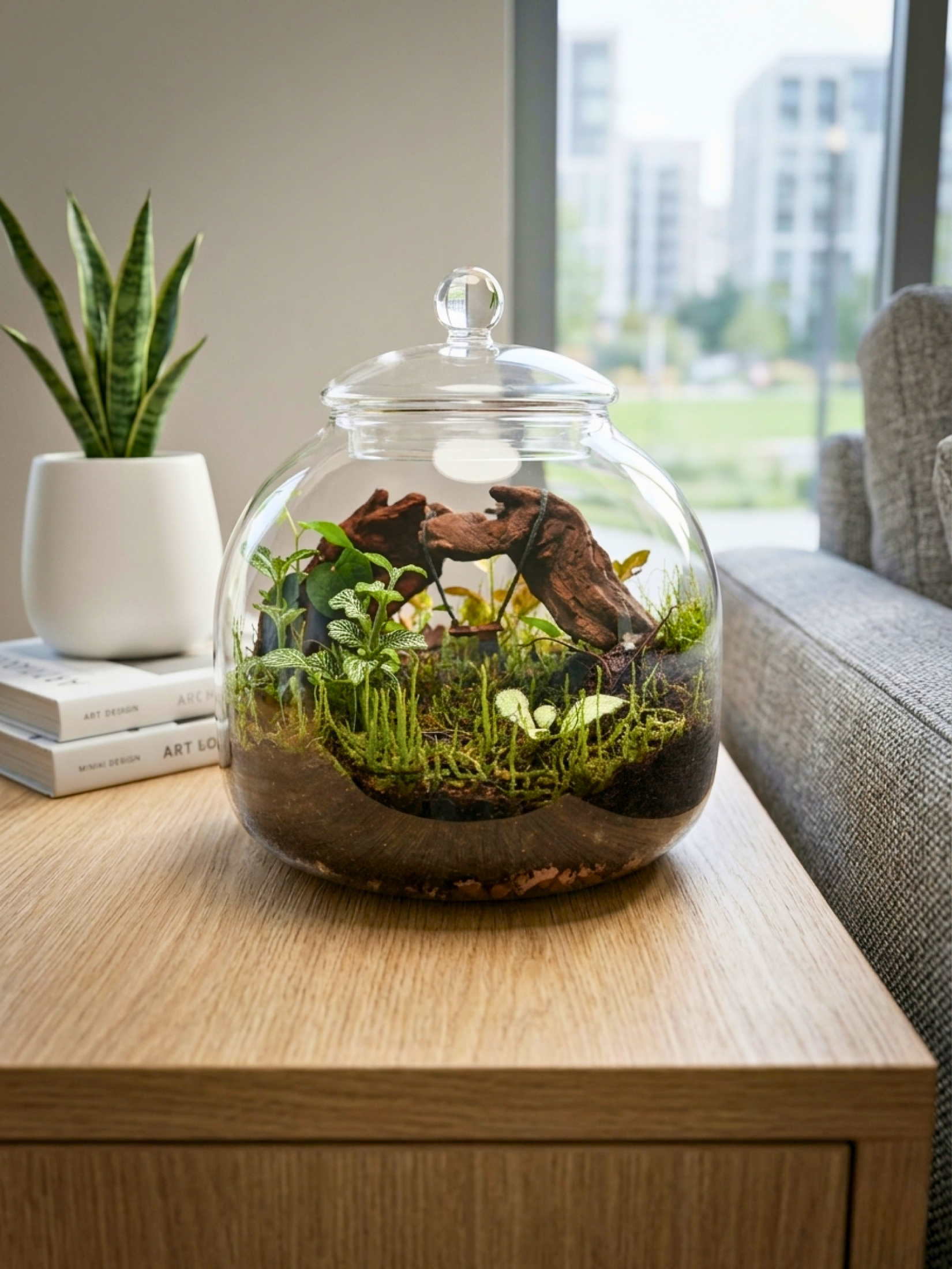 Silent Meadow Terrarium by Lilli Plants featuring moss landscape, driftwood centerpiece, and miniature swing in premium glass enclosure