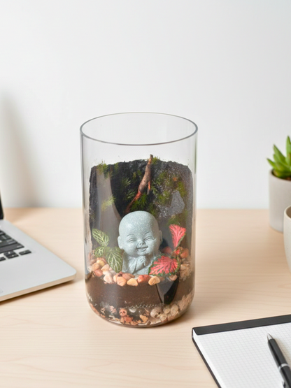 Petite Buddha glass terrarium with cushion moss wall and driftwood