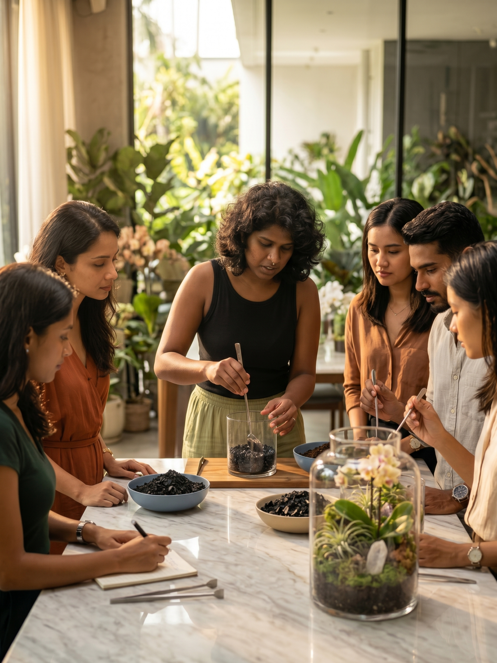 Terrarium workshop in Dubai by Lilli Plants where participants are building miniature glass ecosystems with moss and plants