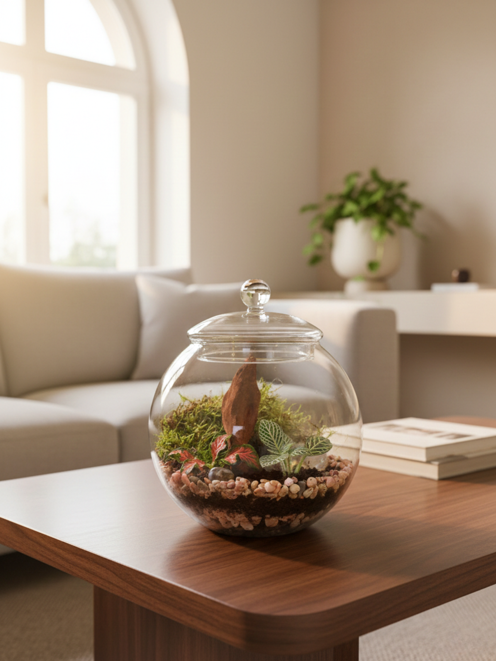 Terrarium made by terrarium kit showing bowl, soil, moss, drainage and accessories