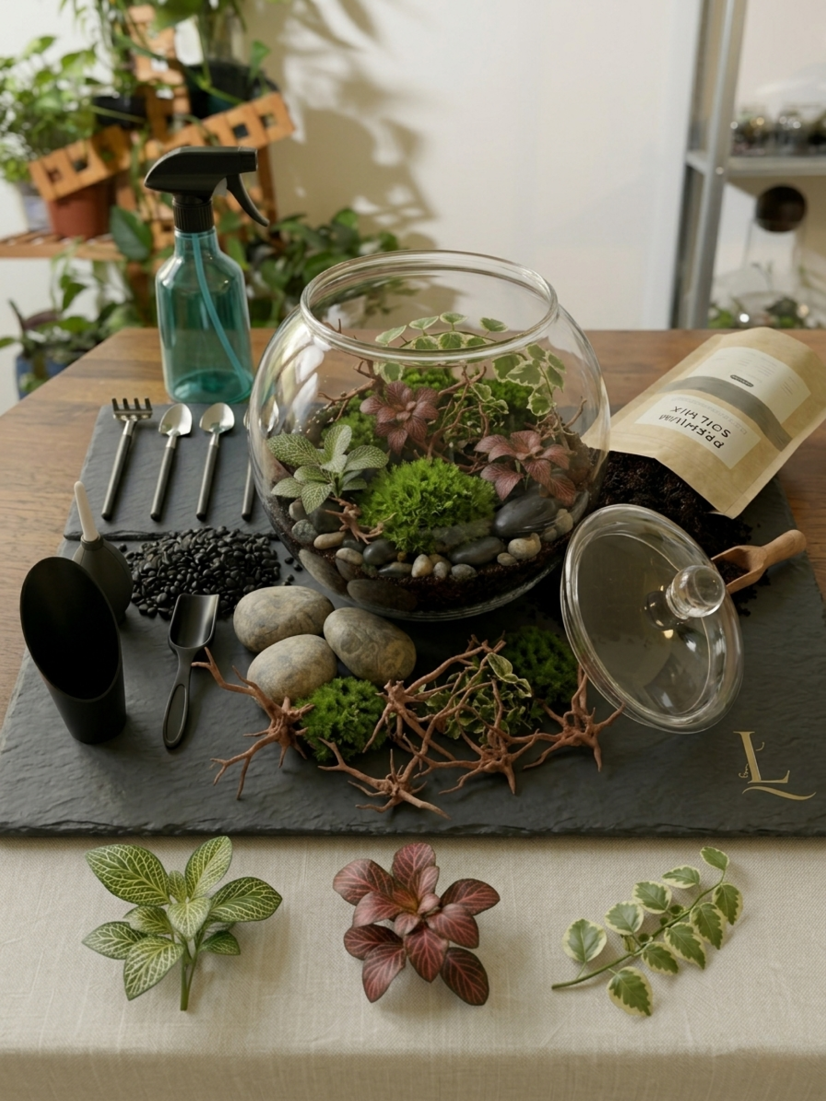 Terrarium kit with tools, spray bottle, moss and indoor plants in Dubai UAE