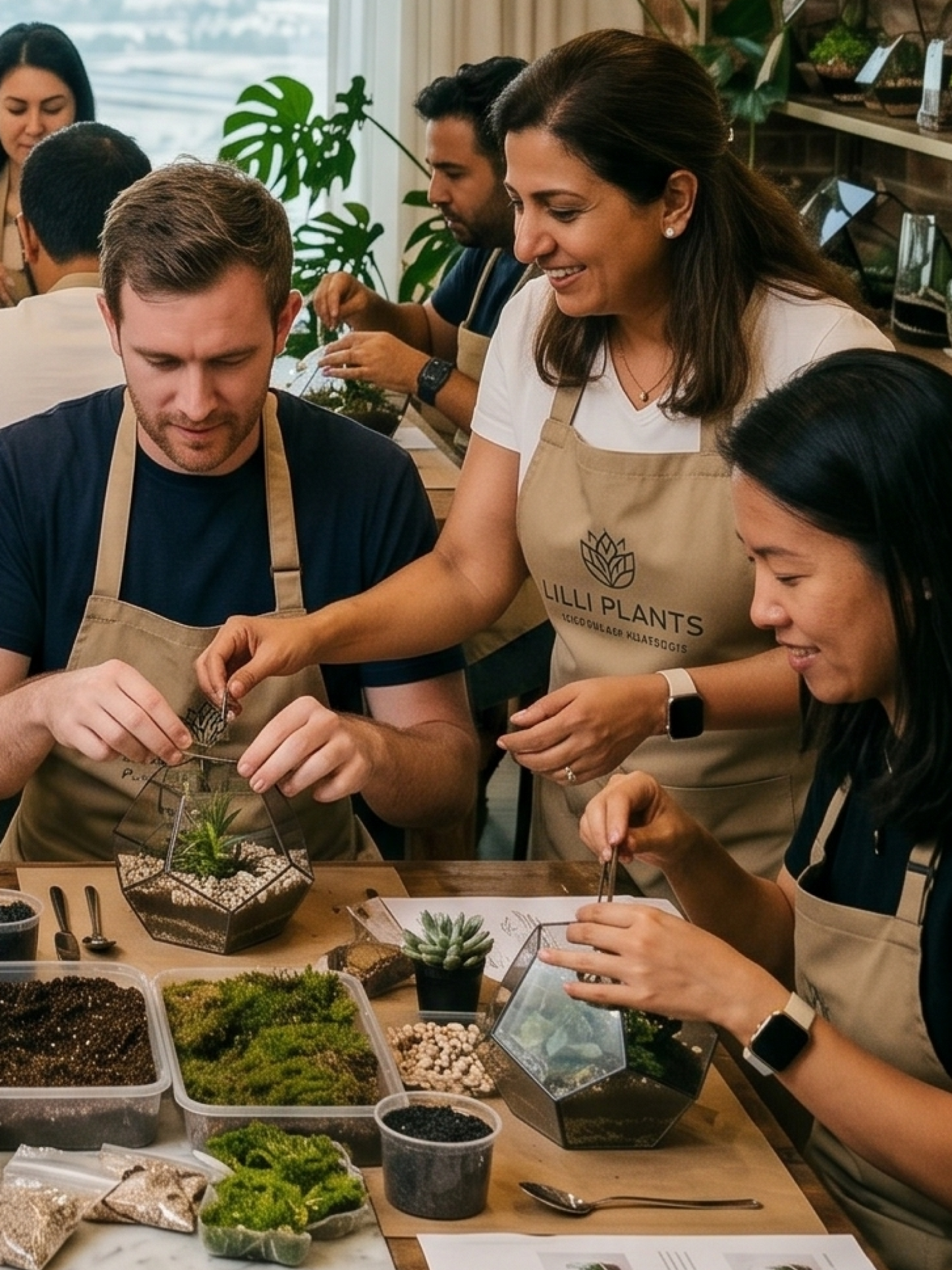 Terrarium workshop instructor in Dubai guiding participants step by step in creating a miniature plant ecosystem by Lilli Plants
