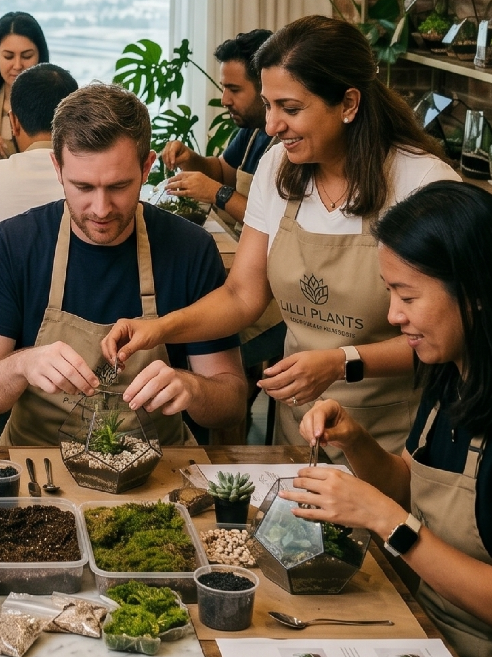 Terrarium workshop instructor in Dubai guiding participants step by step in creating a miniature plant ecosystem by Lilli Plants
