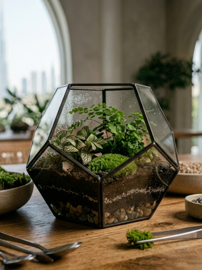 Luxury handmade terrarium in Dubai by Lilli Plants featuring lush moss, indoor plants and layered soil in a glass container