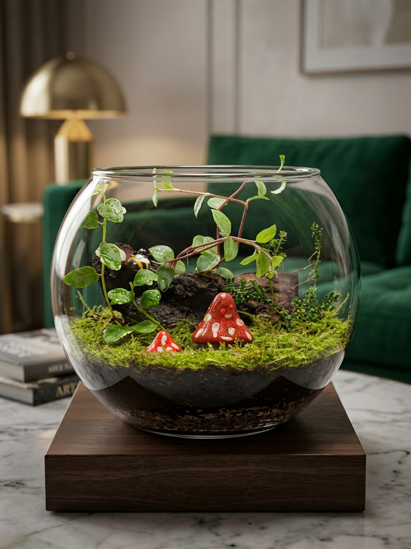 Handcrafted 12cm premium glass bowl terrarium named The Fablewood by Lilli Plants Dubai, featuring lush flat moss, natural driftwood, and miniature red mushrooms.