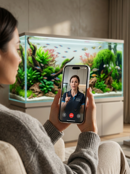 Professional aquarium expert providing virtual consultation via video call to diagnose water quality and fish tank issues remotely.