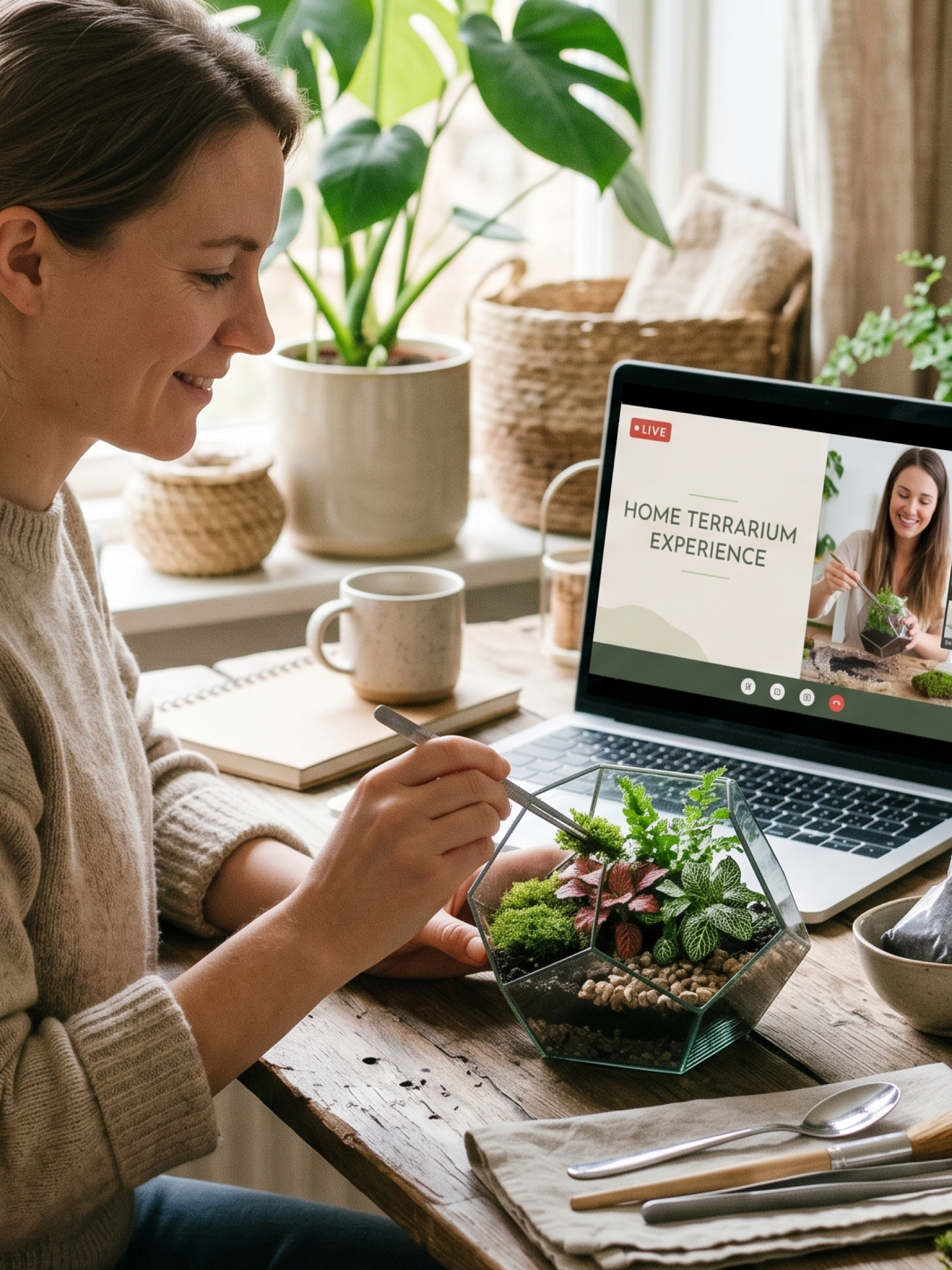 Participants joining a virtual terrarium building class and learning ecosystem design from home with expert guidance.