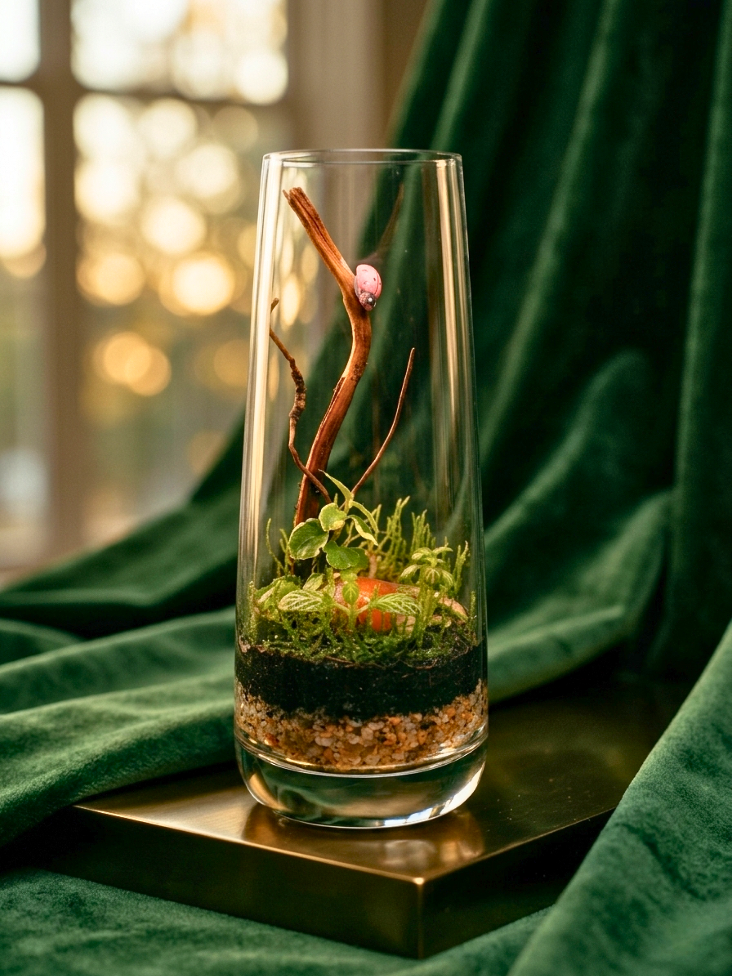 Whispering Ember Signature Luxe Terrarium with moss, spider wood, Fittonia and wooden lid by Lilli Plants Dubai