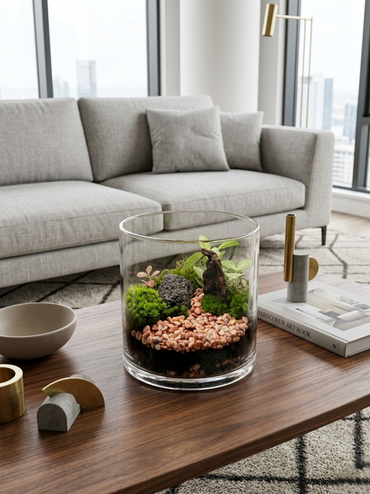 Whispering Stream tabletop terrarium with cushion moss, flat moss, red and green Fittonia, driftwood and lava rock handcrafted by Lilli Plants in Dubai