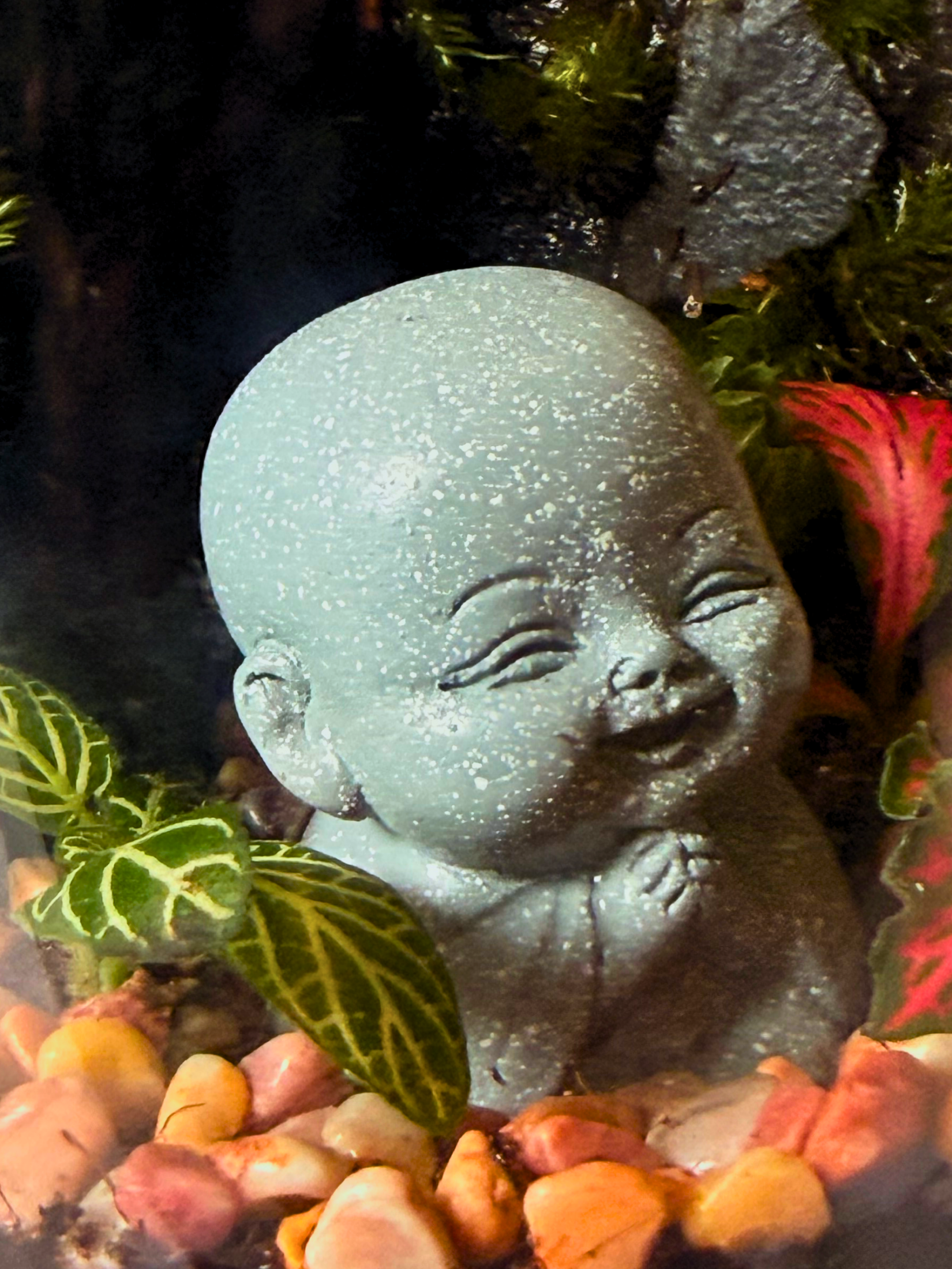 Luxury petite glass terrarium with laughing Buddha and moss landscape