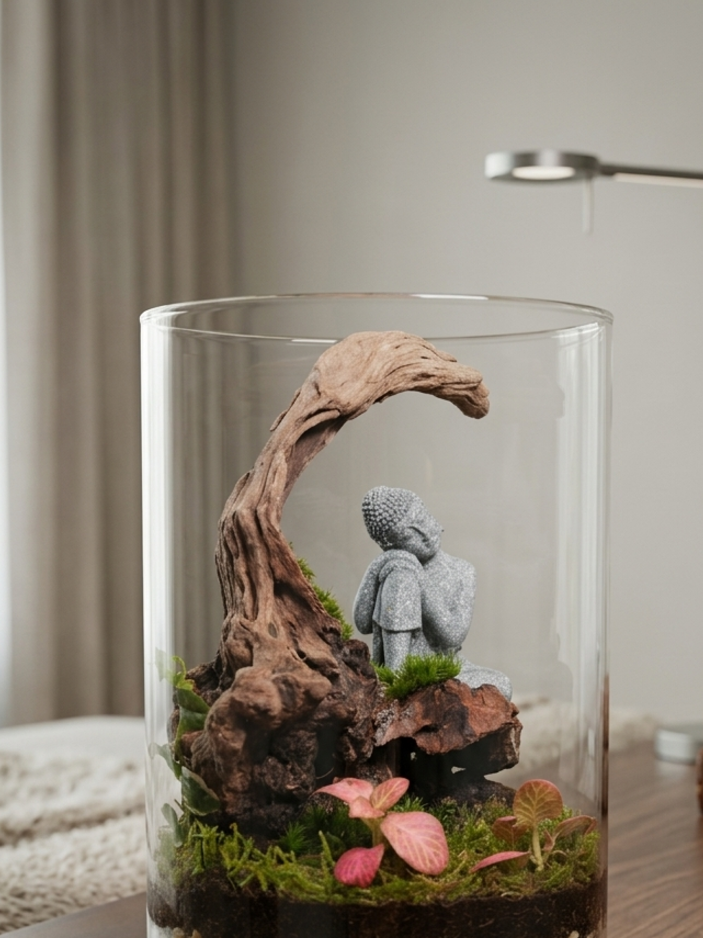 Zen Buddha terrarium with natural driftwood arc and cushion moss in glass cylinder Dubai