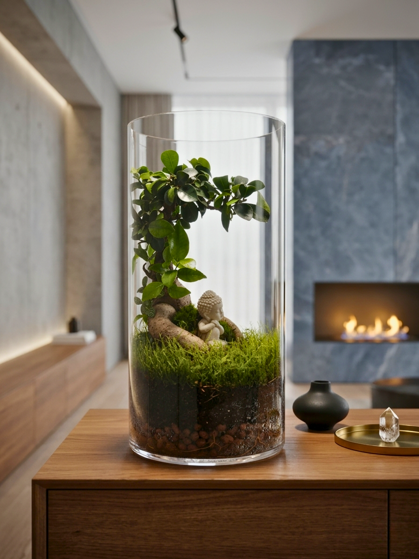 Premium indoor bonsai terrarium with Buddha figurine, moss forest landscape, and Fittonia plants by Lilli Plants UAE.